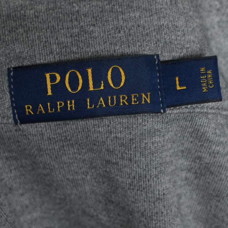 Pre Owned Polo Ralph Lauren Grey Knit Zip Front Embroidered Long Sleeve Sweater L