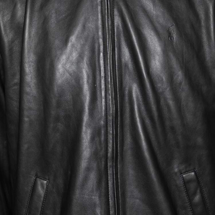 Pre Owned Polo Ralph Lauren Black Leather Zip Front Long Sleeve Jacket L