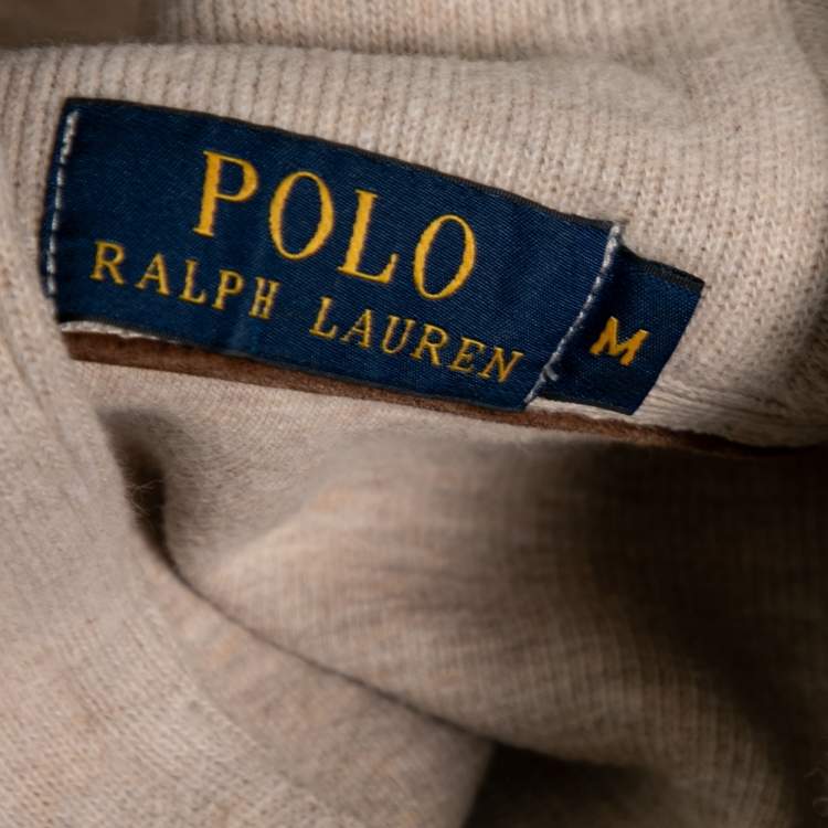 Pre Owned Polo Ralph Lauren Light Beige Knit & Suede Patch Detail Jumper M