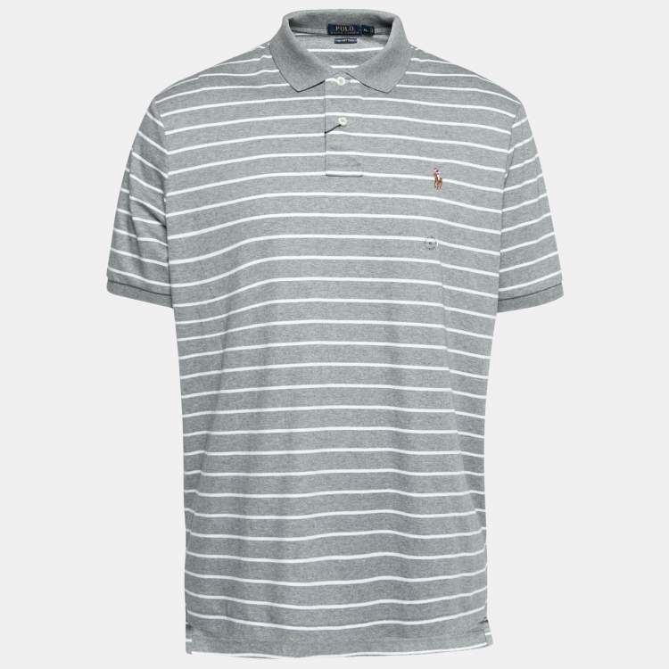 Pre Owned Polo Ralph Lauren Grey and White Stripped  Cotton Polo T-Shirts XL