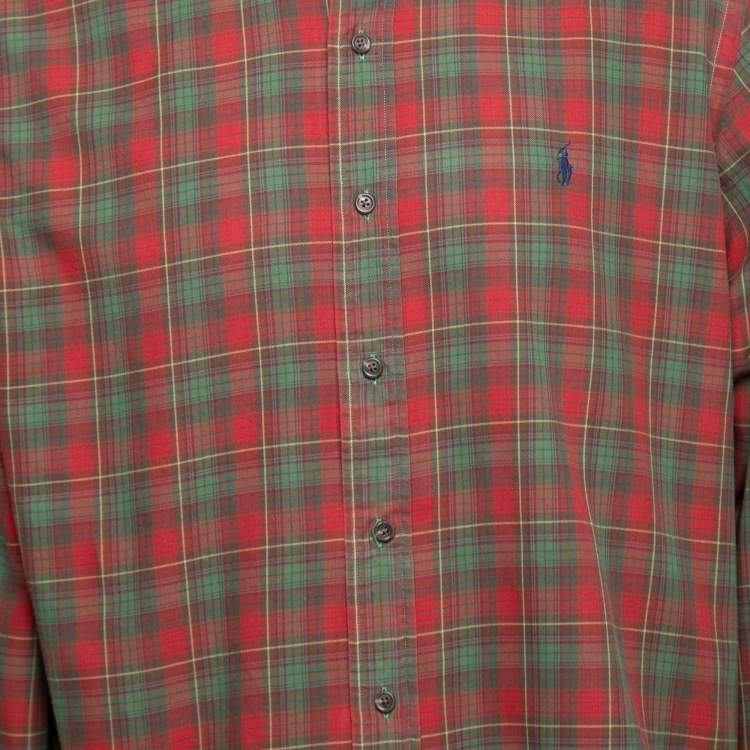 Pre Owned Polo Ralph Lauren Red Plaid Cotton Button Down Custom Fit Shirt XL