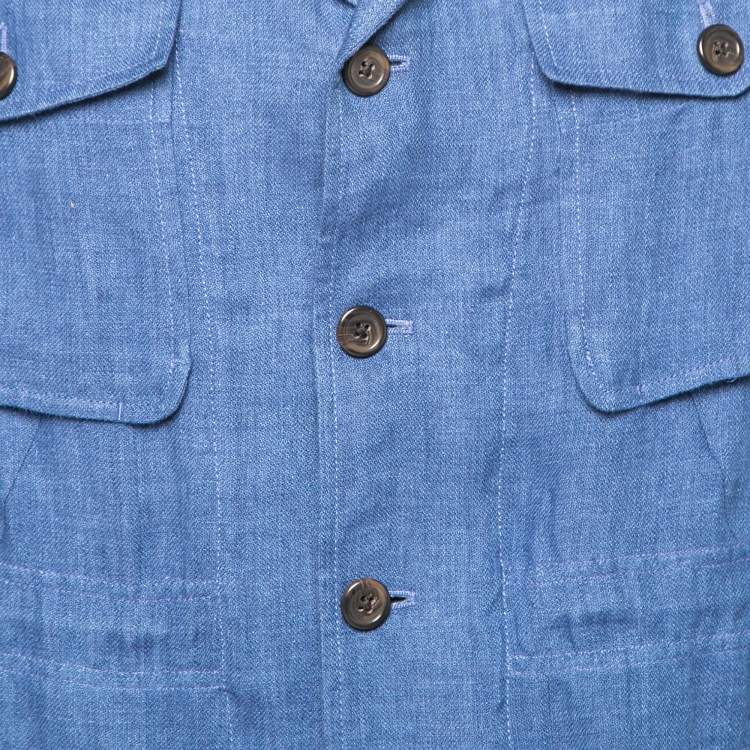 Pre Owned Polo Ralph Lauren Blue Linen Side Slit Button Front Jacket XS