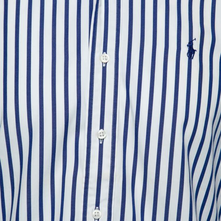 Pre Owned Polo Ralph Lauren White and Blue Striped Cotton Long Sleeve Shirt S