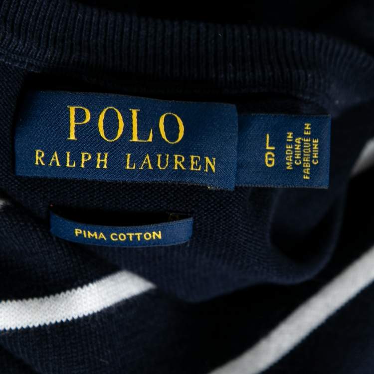 Pre Owned Polo Ralph Lauren Navy Blue Striped Cotton Knit Sweater L