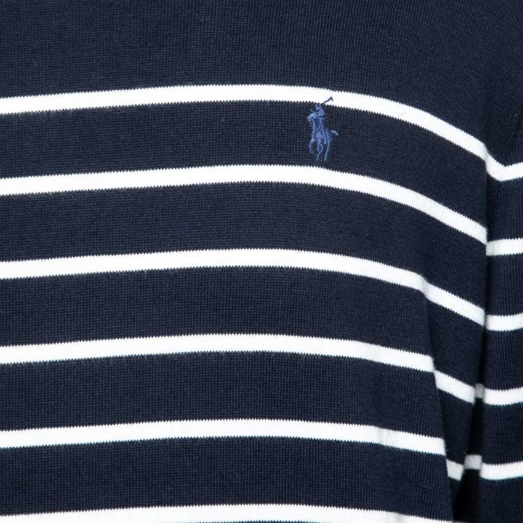Pre Owned Polo Ralph Lauren Navy Blue Striped Cotton Knit Sweater L