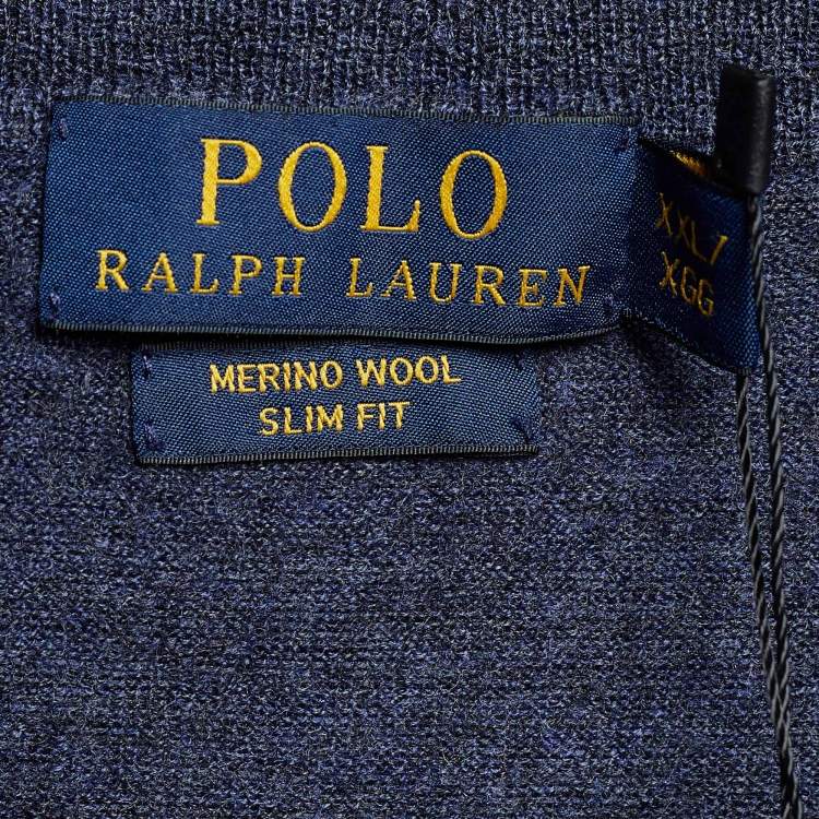 Pre Owned Polo By Ralph Lauren Blue Merino Wool Slim Fit V-Neck Jumper XXL
