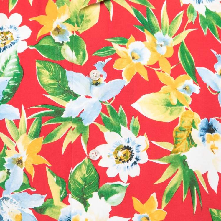 Pre Owned Polo Ralph Lauren Red Floral Printed Crepe Hawaiian Shirt L