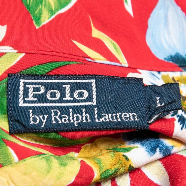 Pre Owned Polo Ralph Lauren Red Floral Printed Crepe Hawaiian Shirt L