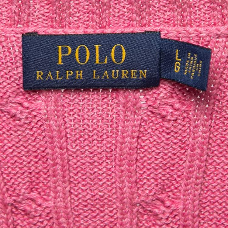 Pre Owned Polo Ralph Lauren Pink Cable Knit V-Neck Sweater L