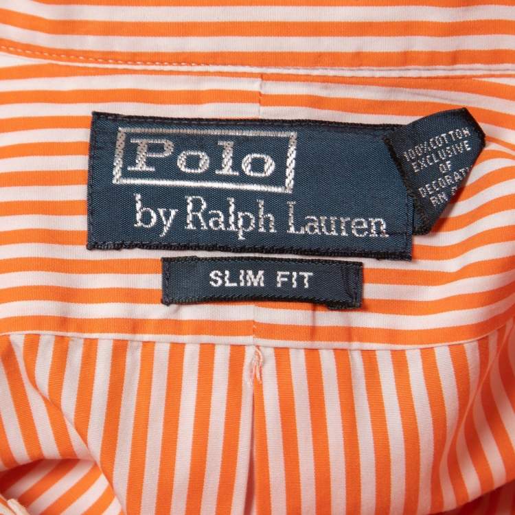 Pre Owned Polo Ralph Lauren Orange Striped Cotton Full Sleeve Slim Fit Shirt M