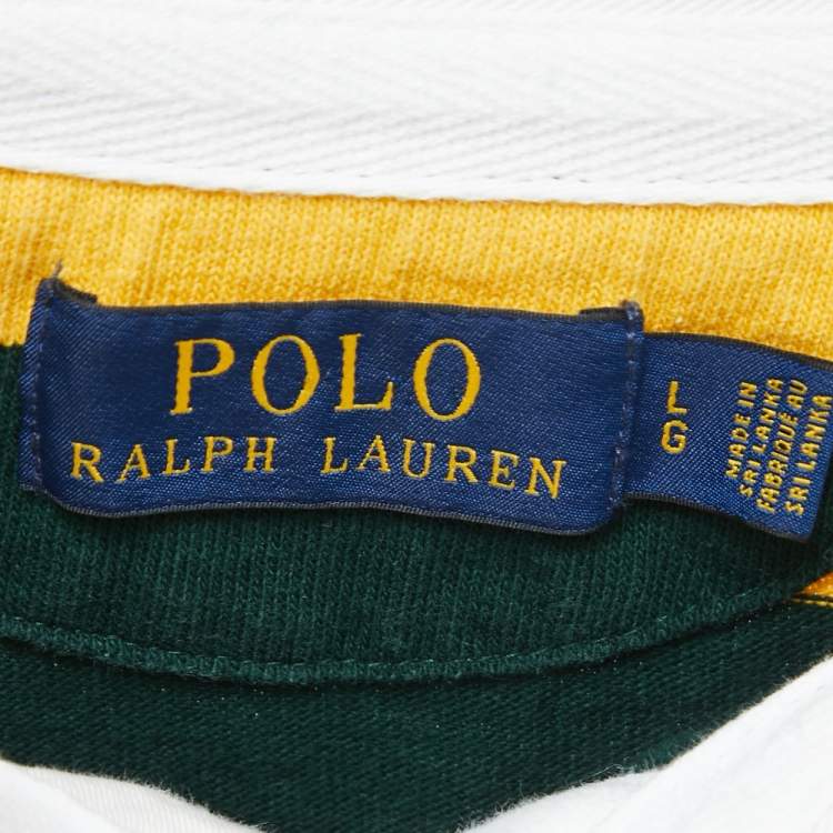 Pre Owned Polo Ralph Lauren Green & Yellow Striped Cotton Knit Contrast Collar T-Shirt L