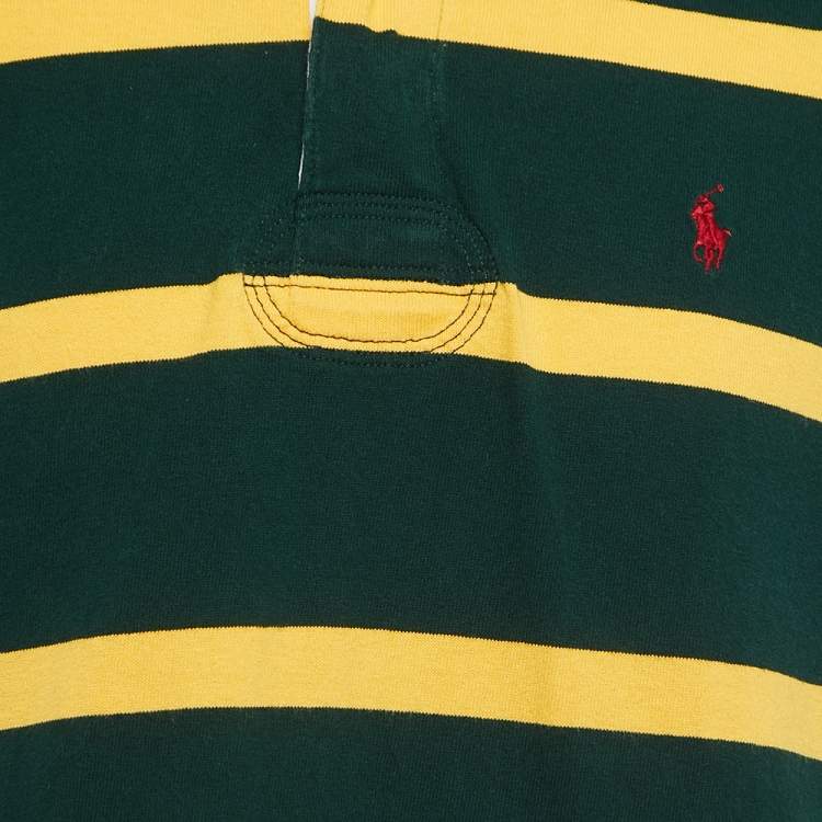 Pre Owned Polo Ralph Lauren Green & Yellow Striped Cotton Knit Contrast Collar T-Shirt L