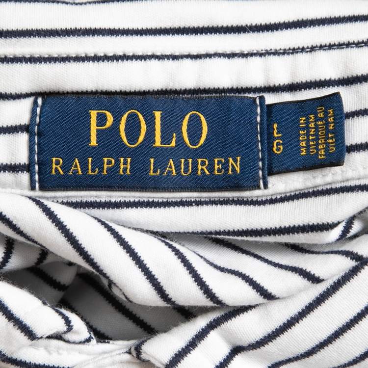 Pre Owned Polo Ralph Lauren White & Navy Blue Striped Cotton Knit Polo T-Shirt L