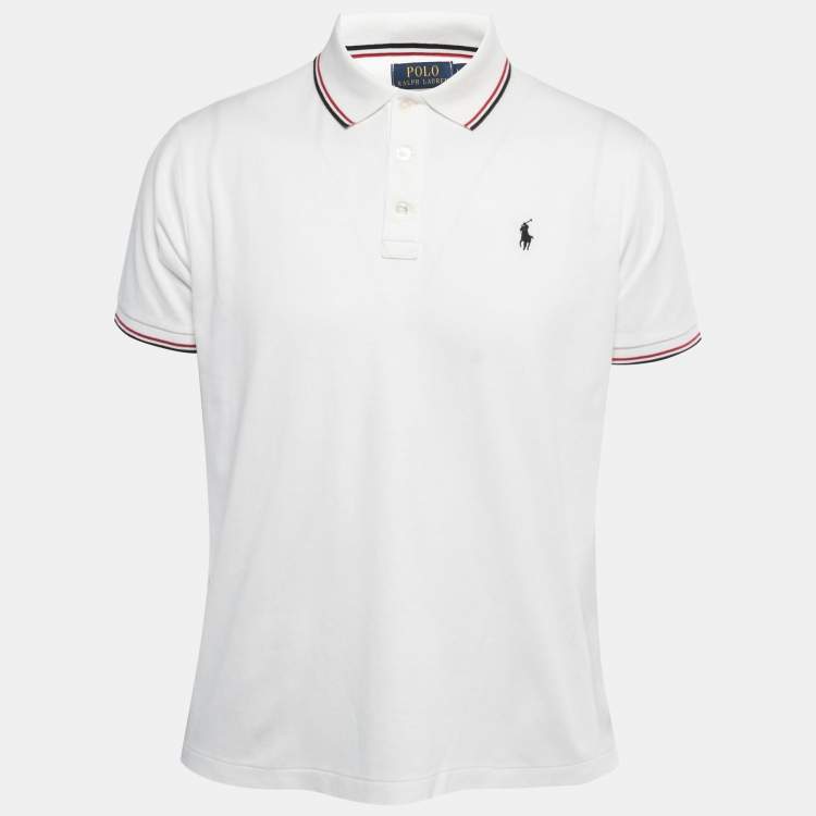 Pre Owned Polo Ralph Lauren White Cotton Knit Stripe Detail Polo T-Shirt L