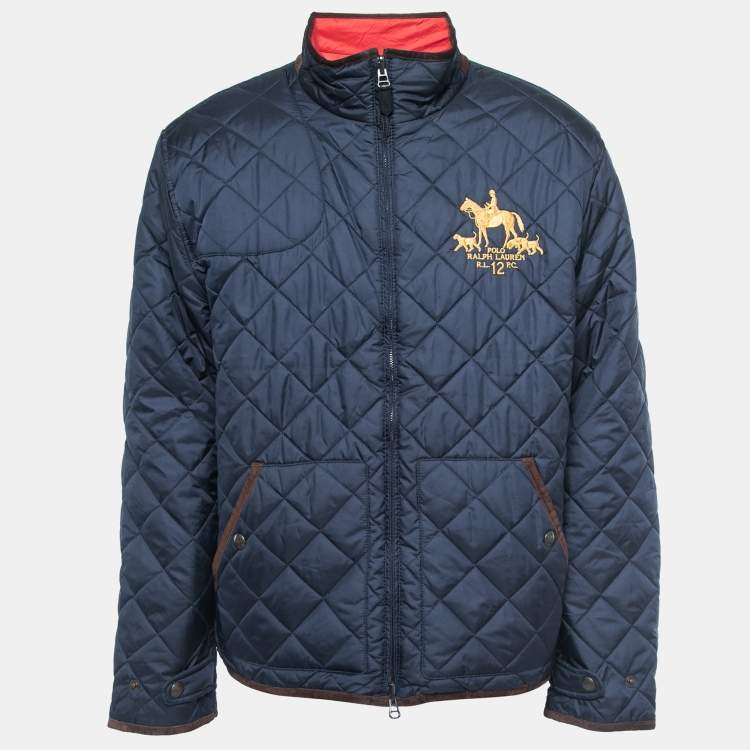 Pre Owned  Polo Ralph Lauren Vintage Navy Blue Quilted Synthetic Suede Trimmed Zip Front Reversible Jacket XL