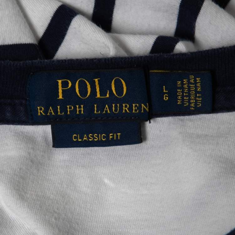 Pre Owned Polo Ralph Lauren White Striped Cotton Crew Neck Half Sleeve Classic Fit T-Shirt L