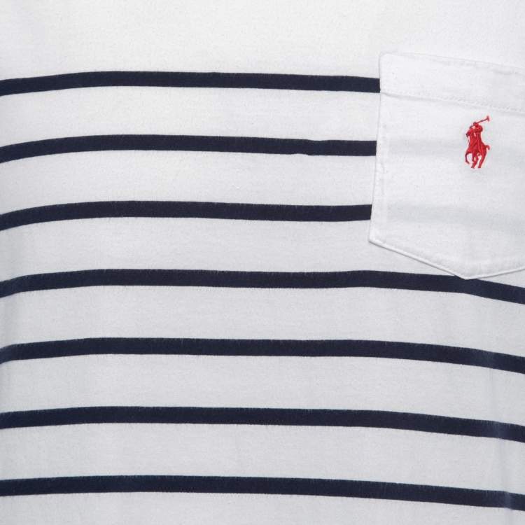 Pre Owned Polo Ralph Lauren White Striped Cotton Crew Neck Half Sleeve Classic Fit T-Shirt L