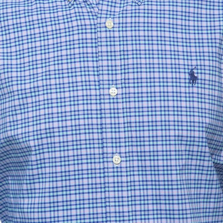 Pre Owned Polo Ralph Lauren Blue Plaid Cotton Button Down Full Sleeve Performance Shirt L 