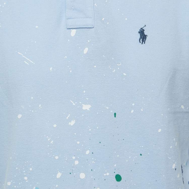 Pre Owned Polo Ralph Lauren Blue Distressed Paint Splatter Cotton Pique Polo T-Shirt M