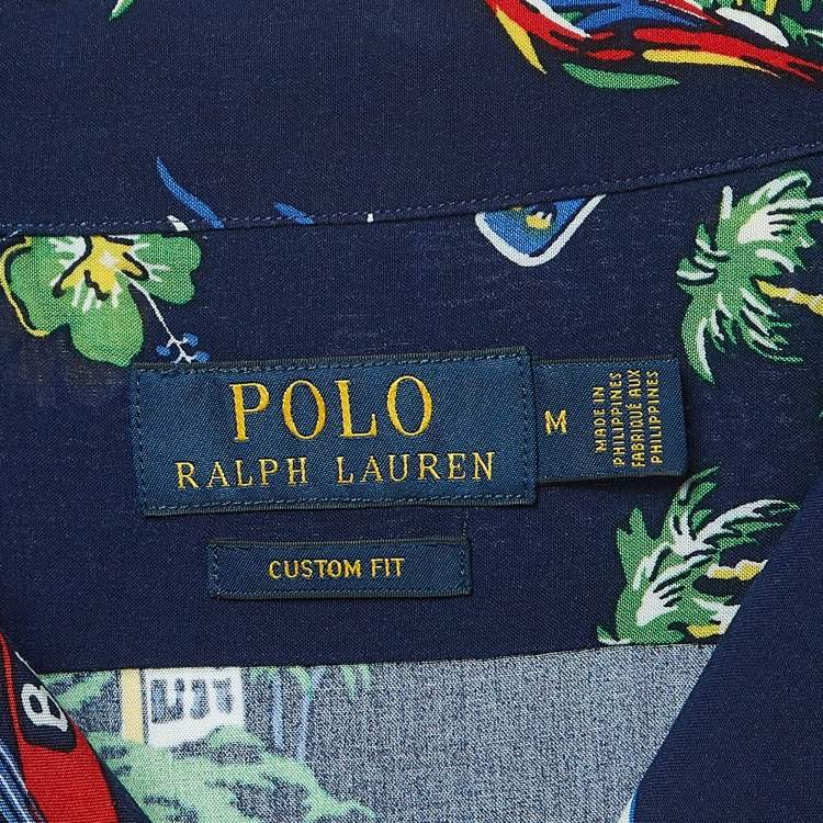 Pre Owned Polo Ralph Lauren Navy Blue Print Crepe Button Front Custom Fit Shirt M