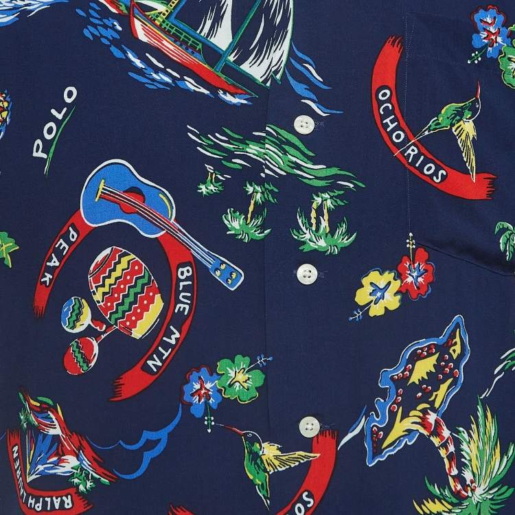 Pre Owned Polo Ralph Lauren Navy Blue Print Crepe Button Front Custom Fit Shirt M