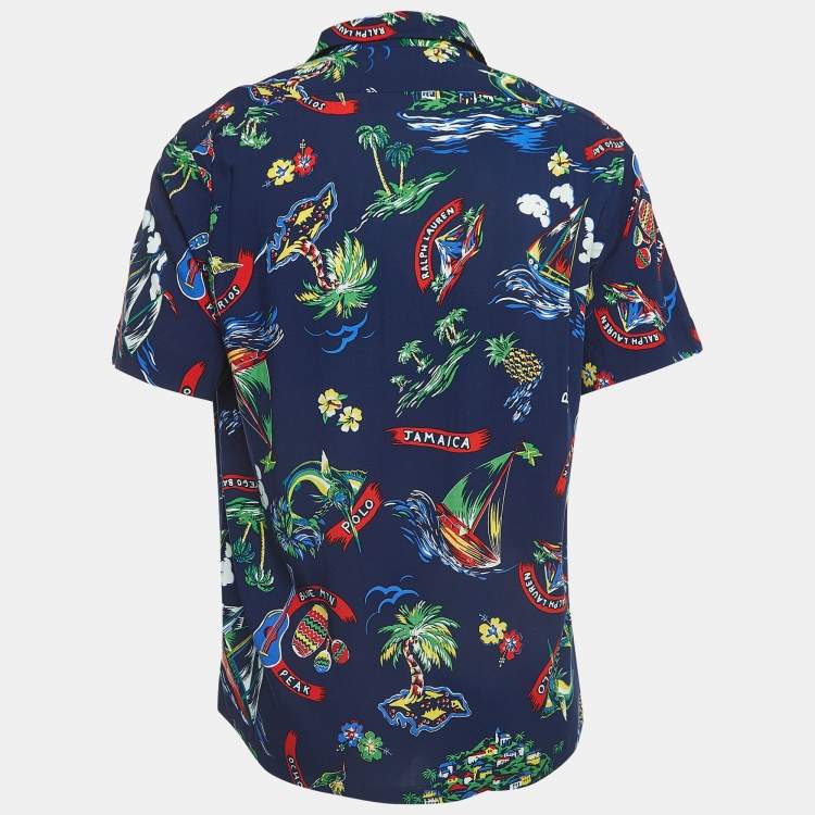 Pre Owned Polo Ralph Lauren Navy Blue Print Crepe Button Front Custom Fit Shirt M