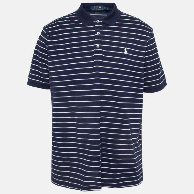 Polo Ralph Lauren Navy Blue Striped Stretch Knit Polo T Shirt XL Polo Ralph Lauren TLC