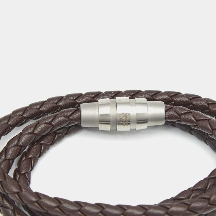 Pre Owned Porsche Design Grooves Brown Leather Stainless Steel Triple Wrap Bracelet