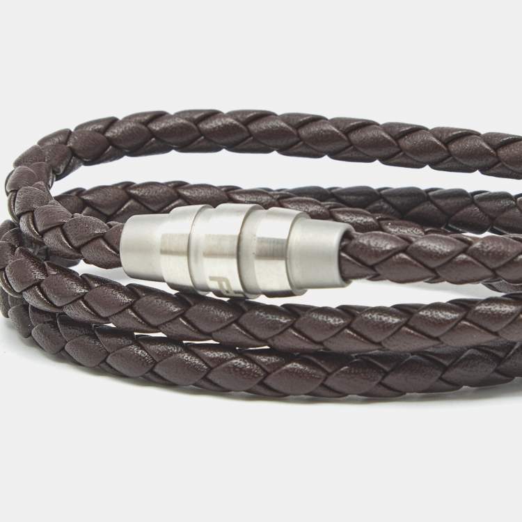 Pre Owned Porsche Design Grooves Brown Leather Stainless Steel Triple Wrap Bracelet