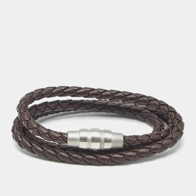 Pre Owned Porsche Design Grooves Brown Leather Stainless Steel Triple Wrap Bracelet