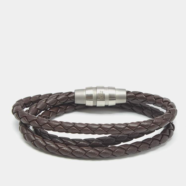 Pre Owned Porsche Design Grooves Brown Leather Stainless Steel Triple Wrap Bracelet