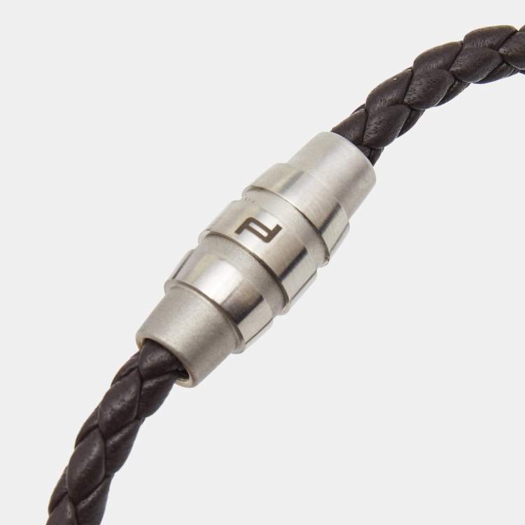 Pre Owned Porsche Design Grooves Brown Braided Leather Stainless Steel Bracelet