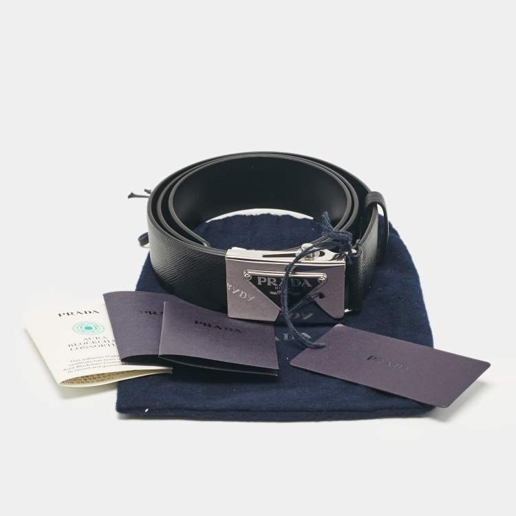 Pre Owned Prada Black Saffiano Leather Triangle Logo Buckle Belt 85 CM