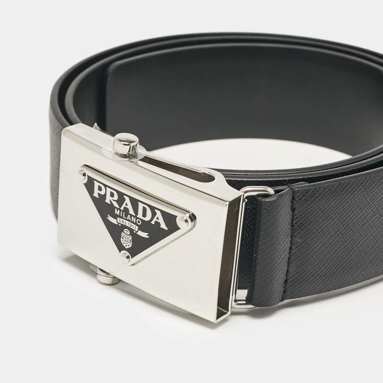 Pre Owned Prada Black Saffiano Leather Triangle Logo Buckle Belt 85 CM