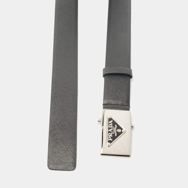 Pre Owned Prada Black Saffiano Leather Triangle Logo Buckle Belt 85 CM