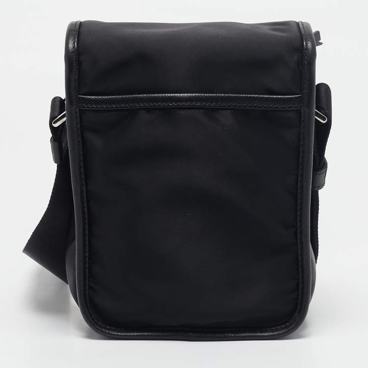 Pre Owned Prada Black Leather and Re-Nylon Flap Messenger Bag