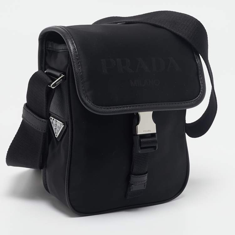 Pre Owned Prada Black Leather and Re-Nylon Flap Messenger Bag