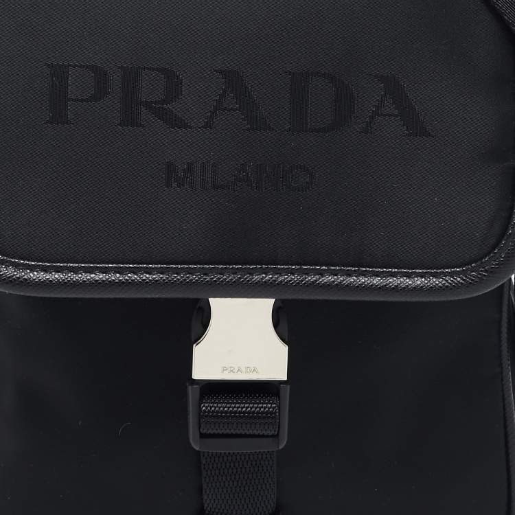 Pre Owned Prada Black Leather and Re-Nylon Flap Messenger Bag