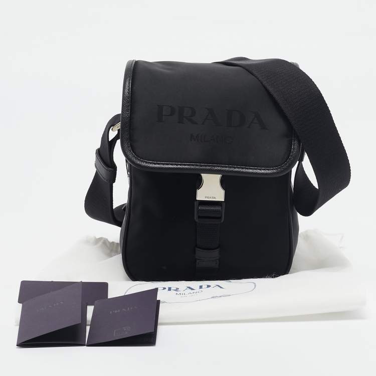 Pre Owned Prada Black Leather and Re-Nylon Flap Messenger Bag