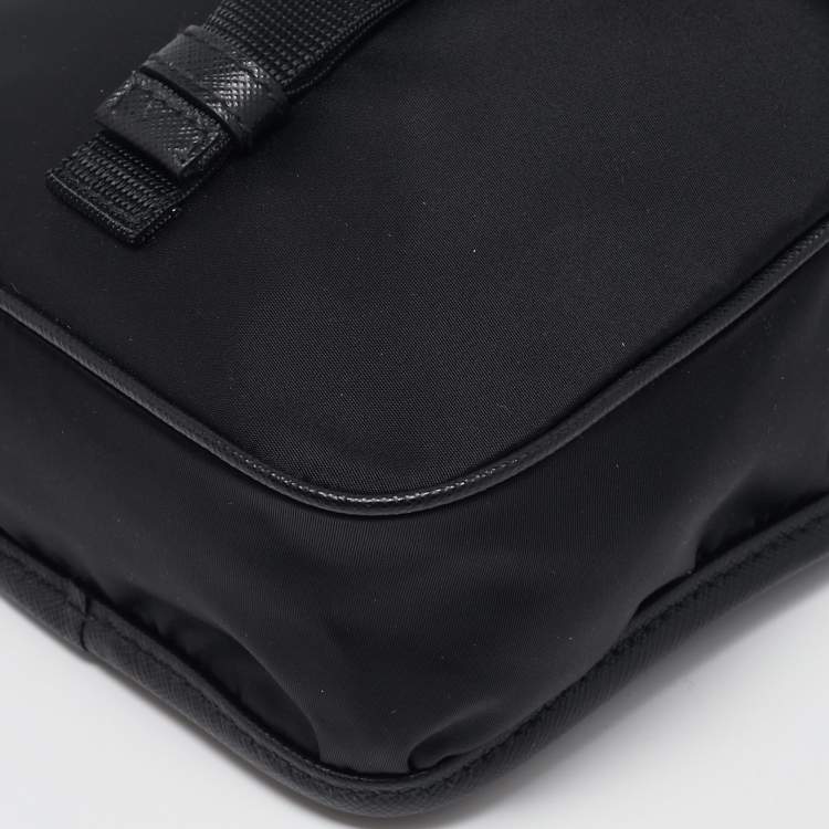 Pre Owned Prada Black Leather and Re-Nylon Flap Messenger Bag