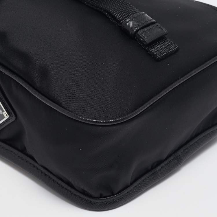 Pre Owned Prada Black Leather and Re-Nylon Flap Messenger Bag