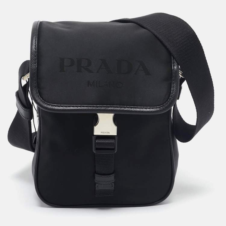 Pre Owned Prada Black Leather and Re-Nylon Flap Messenger Bag