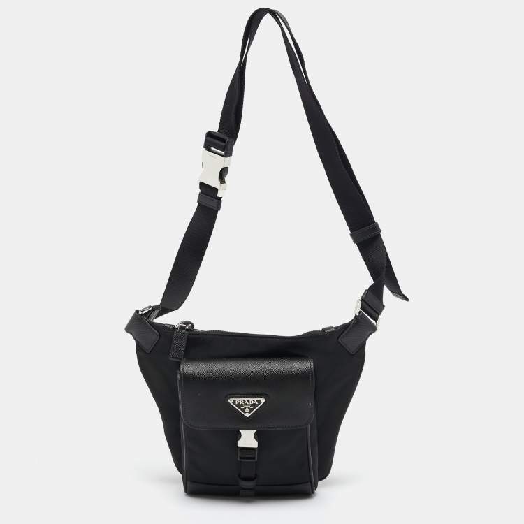PRADA Nylon Leather Strap Shoulder Bag Black