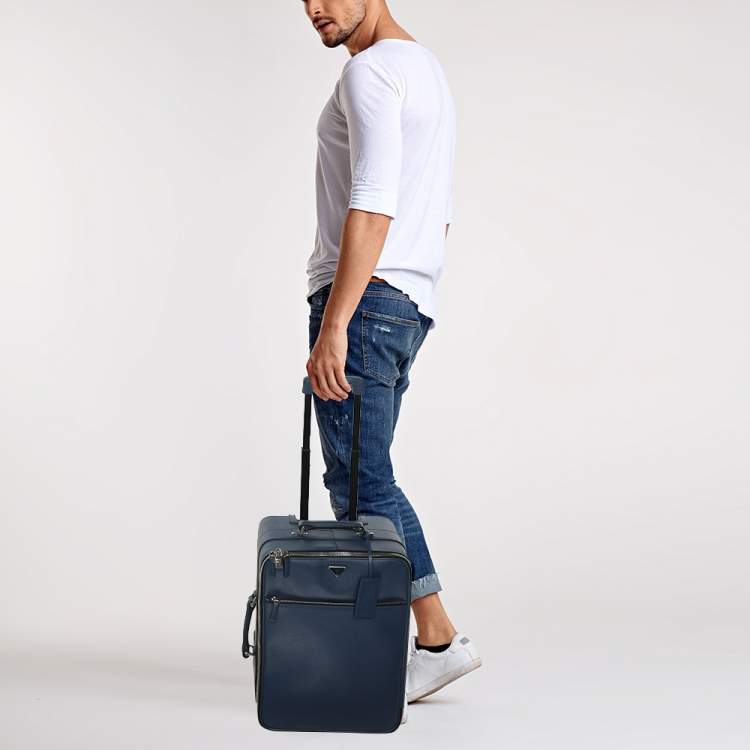 Pre Owned Prada Blue Saffiano Leather Travel Rolling Trolley Luggage