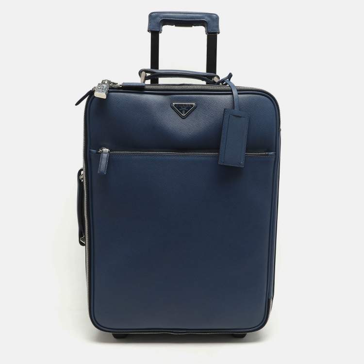 Pre Owned Prada Blue Saffiano Leather Travel Rolling Trolley Luggage