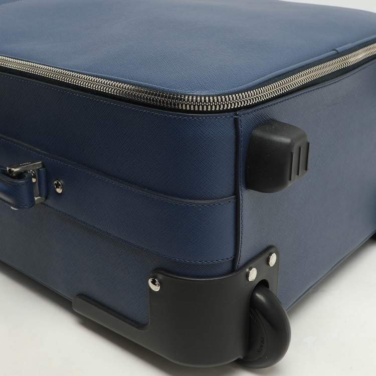 Pre Owned Prada Blue Saffiano Leather Travel Rolling Trolley Luggage