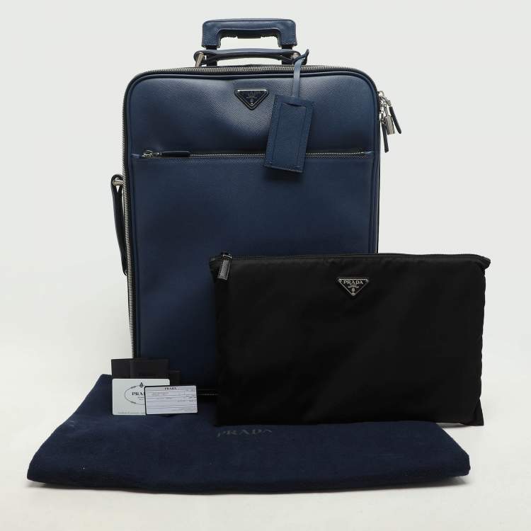 Pre Owned Prada Blue Saffiano Leather Travel Rolling Trolley Luggage