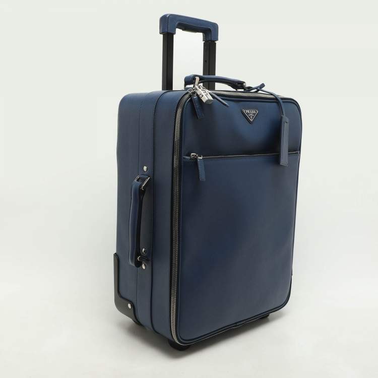 Pre Owned Prada Blue Saffiano Leather Travel Rolling Trolley Luggage