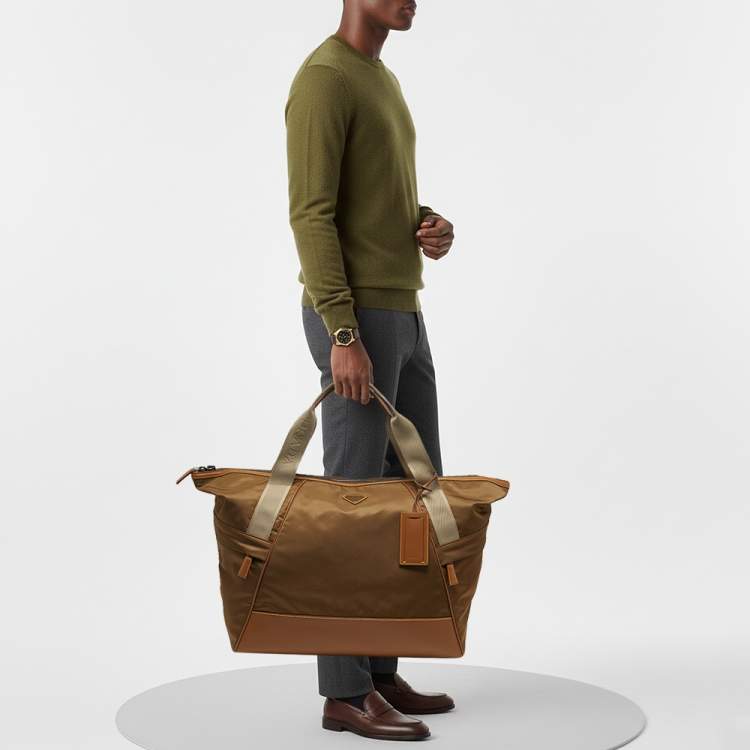 Pre Owned Prada Brown Re-Nylon and Leather Duffel Bag