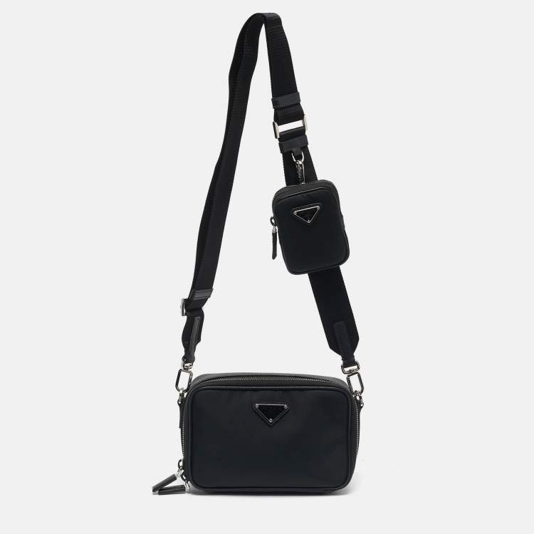 Pre Owned Prada Brique Black Re-Nylon and Saffiano Lux Leather Crossbody Bag